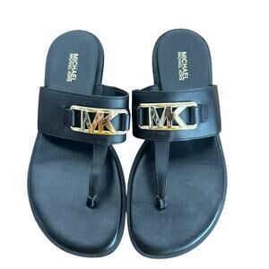 Michael Kors Women’s Black Leather Camila Thong Sandals Gold Logo Size 7